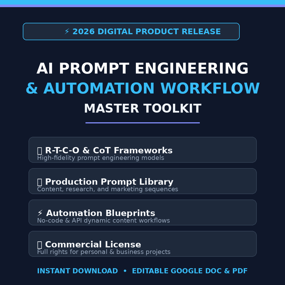 Promotional graphic for a digital product titled 'AI Prompt Engineering & Automation Workflow Master Toolkit' with a dark navy background, cyan and white text, and four feature callouts for R-T-C-O & CoT frameworks, production prompt library, automation blueprints, and commercial license.