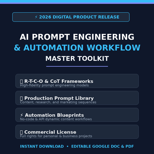 Promotional graphic for a digital product titled 'AI Prompt Engineering & Automation Workflow Master Toolkit' with a dark navy background, cyan and white text, and four feature callouts for R-T-C-O & CoT frameworks, production prompt library, automation blueprints, and commercial license.