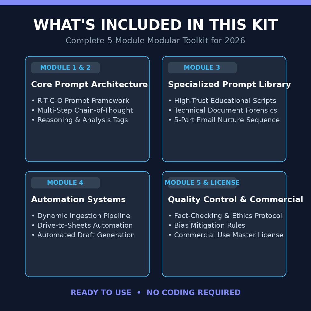 A promotional graphic for a digital 5-module modular toolkit titled 'WHAT'S INCLUDED IN THIS KIT'. The design features a dark navy blue background with four rounded rectangular boxes outlined in light blue, detailing the included modules: Core Prompt Architecture, Specialized Prompt Library, Automation Systems, and Quality Control & Commercial License.
