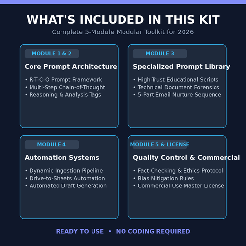 A promotional graphic for a digital 5-module modular toolkit titled 'WHAT'S INCLUDED IN THIS KIT'. The design features a dark navy blue background with four rounded rectangular boxes outlined in light blue, detailing the included modules: Core Prompt Architecture, Specialized Prompt Library, Automation Systems, and Quality Control & Commercial License.
